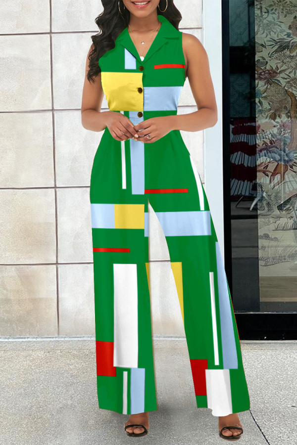 Green Casual Elegant Print V Neck Regular Jumpsuits