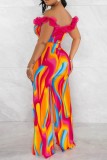 Orange Casual Print Patchwork Backless Off the Shoulder Sleeveless Two Pieces