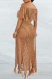 Khaki Sexy Solid Tassel Hollowed Out See-through Slit Off the Shoulder Short Sleeve Two Pieces