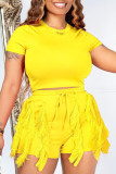 Yellow Casual Elegant Solid Tassel O Neck Two Pieces