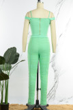 Green Sexy Solid Patchwork Fold Asymmetrical Spaghetti Strap Short Sleeve Two Pieces