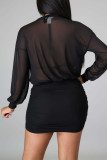 Black Sexy Street Party Solid See-through Fold V Neck One Step Skirt Dresses