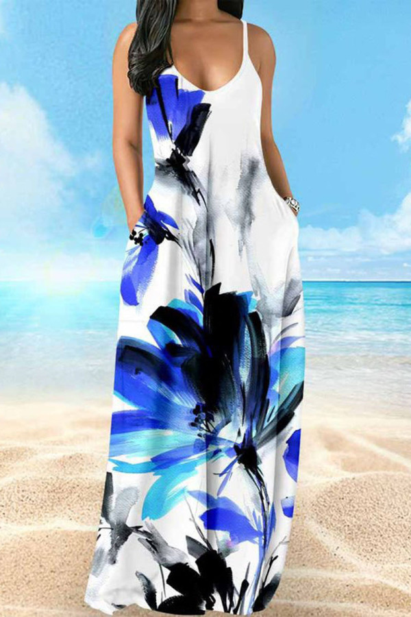 White Blue Casual Vacation Simplicity Print Pocket Spaghetti Strap Lantern Dress Dresses
