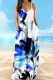 White Blue Casual Vacation Simplicity Print Pocket Spaghetti Strap Lantern Dress Dresses