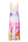 Powder Blue Casual Vacation Simplicity Print Pocket Spaghetti Strap Lantern Dress Dresses