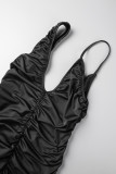 Black Sexy Casual Solid Backless Fold Spaghetti Strap Skinny Jumpsuits
