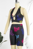 Orange Red Sexy Letter Print Backless Halter Sleeveless Two Pieces