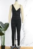 Black Sexy Casual Solid Backless Fold Spaghetti Strap Skinny Jumpsuits