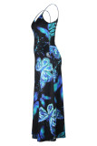 Powder Blue Casual Vacation Simplicity Print Pocket Spaghetti Strap Lantern Dress Dresses