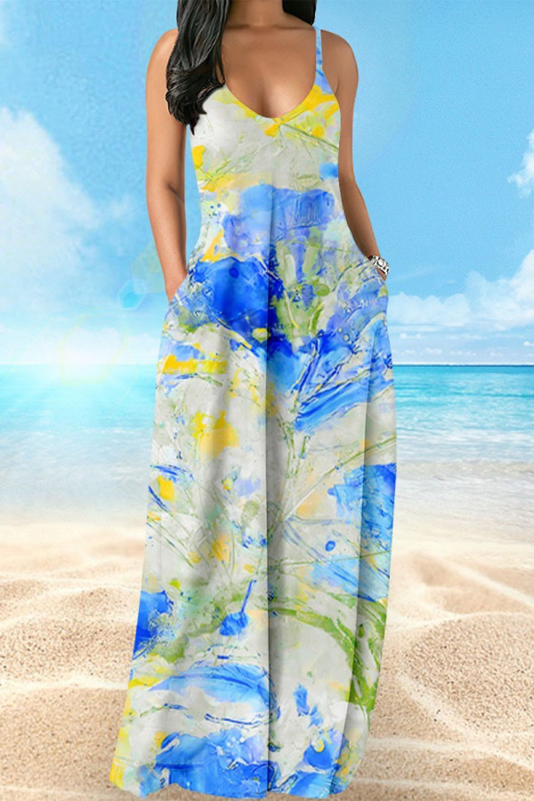 Blue Casual Vacation Simplicity Print Pocket Spaghetti Strap Lantern Dress Dresses