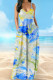 Blue Casual Vacation Simplicity Print Pocket Spaghetti Strap Lantern Dress Dresses