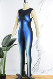 Blue Casual Print Basic O Neck Skinny Jumpsuits