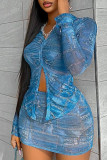 Blue Sexy Street Not Positioning Printed Buttons Fold Turndown Collar Long Sleeve Two Pieces