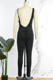 Black Sexy Casual Solid Backless Fold Spaghetti Strap Skinny Jumpsuits