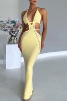 Light Yellow Casual Solid Hollowed Out Halter Pencil Skirt Dresses
