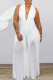 White Sexy Casual Work Solid Slit Mesh V Neck Loose Jumpsuits