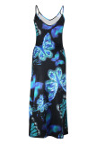 Powder Blue Casual Vacation Simplicity Print Pocket Spaghetti Strap Lantern Dress Dresses