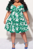 Green Sweet Print Patchwork V Neck A Line Plus Size Dresses