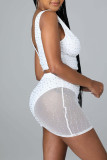 White Sexy Street Solid Patchwork Mesh Hot Drill V Neck Sleeveless Two Pieces