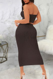 Brown Sexy Solid Patchwork Strapless Sleeveless Two Pieces