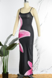 Pink Sexy Print Patchwork Spaghetti Strap One Step Skirt Dresses