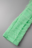 Green Sexy Solid Patchwork Fold Asymmetrical Spaghetti Strap Short Sleeve Two Pieces