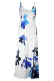 Powder Blue Casual Vacation Simplicity Print Pocket Spaghetti Strap Lantern Dress Dresses