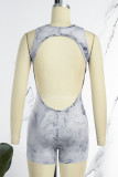 Grey Sexy Casual Print Backless O Neck Skinny Romper