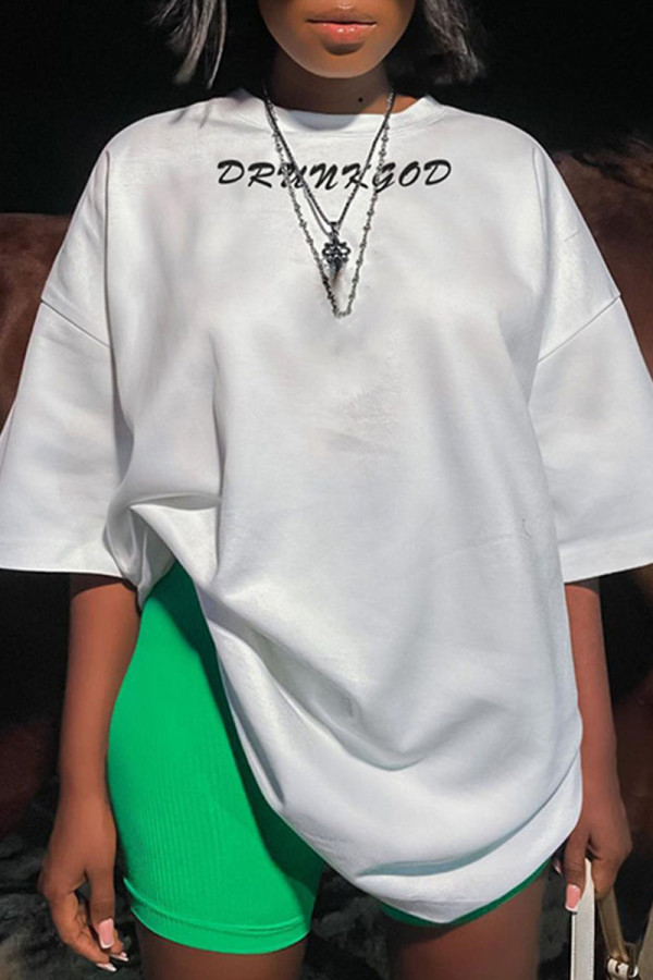 White Casual Street Print Patchwork O Neck T-Shirts