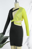 Yellow Sexy Patchwork Hot Drilling Hollowed Out Contrast Oblique Collar Long Sleeve Dresses