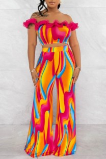Orange Casual Print Patchwork Backless Off the Shoulder Sleeveless Two Pieces