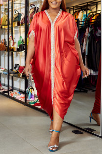 Orange Red Casual Print Patchwork Asymmetrical V Neck Irregular Dress Dresses