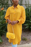 Yellow Elegant Striped Fold Turndown Collar Outerwear