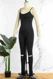 Black Sexy Casual Solid Hollowed Out Backless Spaghetti Strap Skinny Jumpsuits