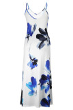 Powder Blue Casual Vacation Simplicity Print Pocket Spaghetti Strap Lantern Dress Dresses