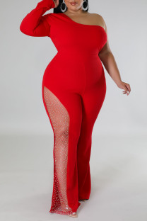 Red Sexy Casual Elegant Solid Patchwork Mesh Hot Drill Oblique Collar Regular Jumpsuits