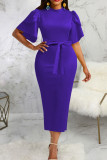 Blue Casual Work Solid Bandage Patchwork O Neck One Step Skirt Dresses