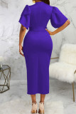 Blue Casual Work Solid Bandage Patchwork O Neck One Step Skirt Dresses