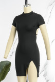Black Sexy Solid Slit Half A Turtleneck Short Sleeve Dress