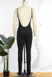 Black Sexy Casual Solid Hollowed Out Backless Spaghetti Strap Skinny Jumpsuits