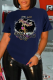 Navy Blue Street Vintage Print Patchwork O Neck T-Shirts