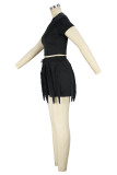 Yellow Casual Elegant Solid Tassel O Neck Two Pieces