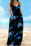 Powder Blue Casual Vacation Simplicity Print Pocket Spaghetti Strap Lantern Dress Dresses