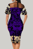Purple Casual Vintage Elegant Print Patchwork Mesh Zipper O Neck One Step Skirt Dresses
