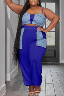 Blue Casual Solid Patchwork Spaghetti Strap Plus Size Two Pieces