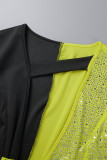 Yellow Sexy Patchwork Hot Drilling Hollowed Out Contrast Oblique Collar Long Sleeve Dresses