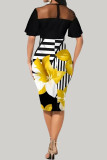 Yellow Casual Vintage Elegant Print Patchwork Mesh Zipper O Neck One Step Skirt Dresses