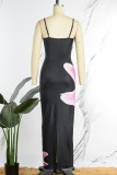 Pink Sexy Print Patchwork Spaghetti Strap One Step Skirt Dresses