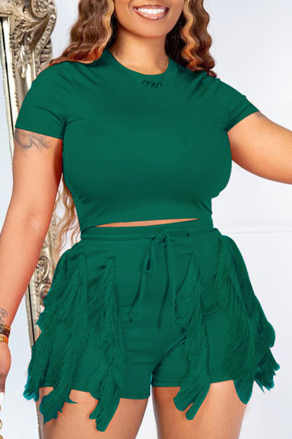 Green Casual Elegant Solid Tassel O Neck Two Pieces