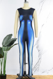 Blue Casual Print Basic O Neck Skinny Jumpsuits